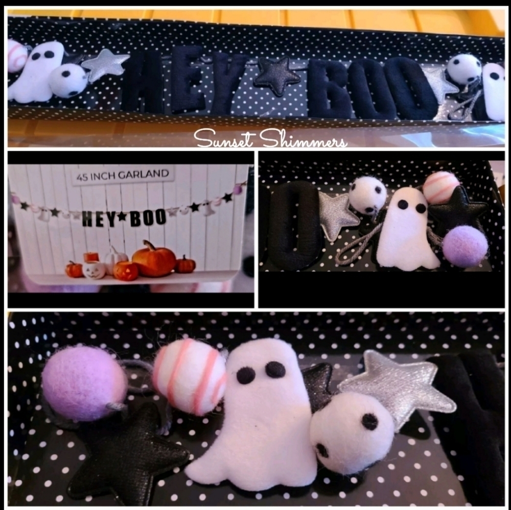 Hey Boo Halloween Ghost Felt Garland STARS Pom Poms 45" Becki Owens NEW